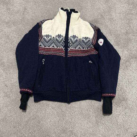 Dale Of Norway Sweater Size Small White Navy Wool Full Zip Distressed - Picture 1 of 10